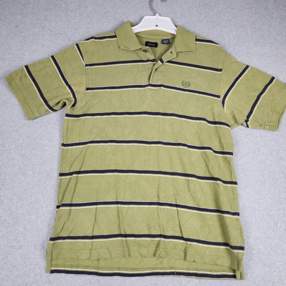 IZOD Polo Shirt Mens Medium Green Striped Cotton Embroidered Logo Hi Low Hem